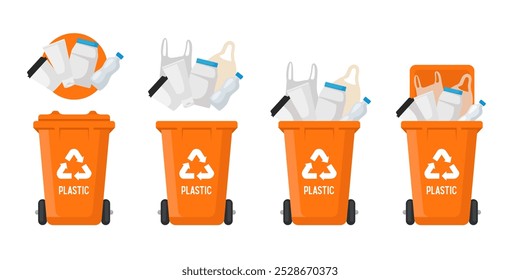 Contenedores de reciclaje para plástico. Contenedor para plástico. Bote de basura naranja. Ilustración vectorial aislada sobre fondo blanco.