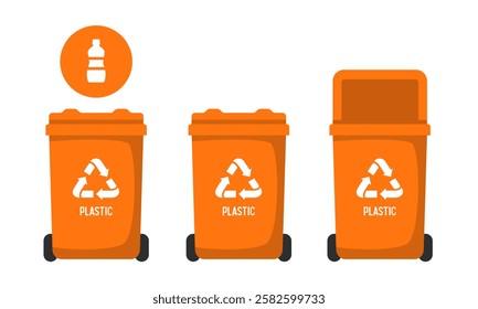 Recycling Bins for plastic. Container for plastic. Orange trash can. Vector illustration isolated on white background.