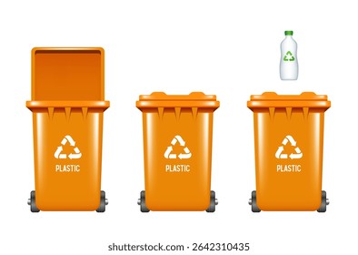 Contenedores de reciclaje para plástico. Contenedor para plástico. Bote de basura naranja. Ilustración vectorial aislada sobre fondo blanco.