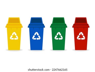 Recycling Bins Set. Garbage bins in 4 Different Color. Trash bins containers. Vector Illustration Isolated on White Background