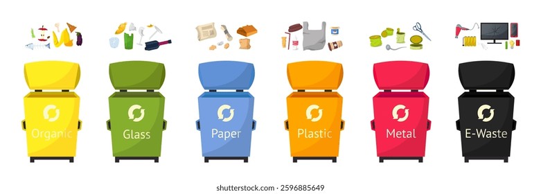 Recycling bins set for waste sorting: glass, organic, paper, metal, plastic and e-waste. Color-coded trash containers. Flat vector illustrations for environmental awareness and waste management.