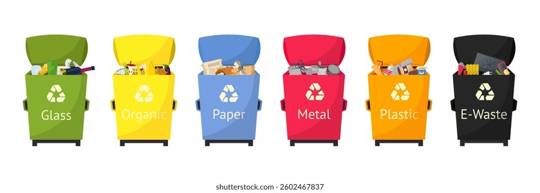 Recycling bins set for waste sorting: glass, organic, paper, metal, plastic and e-waste. Color-coded trash containers. Flat vector illustrations for environmental awareness and waste management.