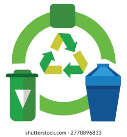 Recycling bins and symbol flat vector illustration with recycling, sustainabilit
