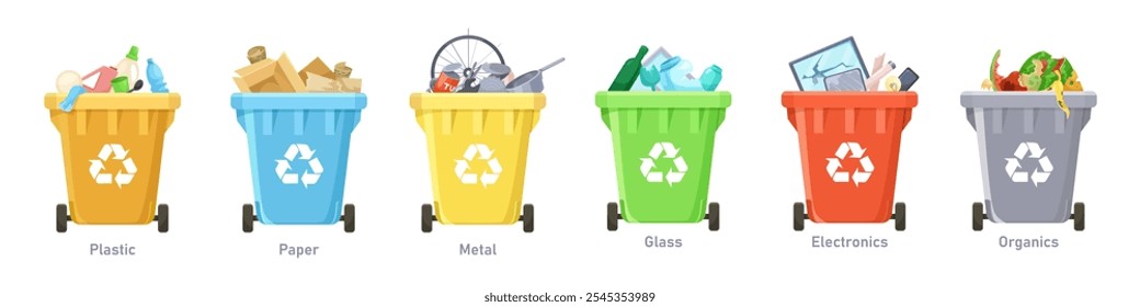 Recycling bins for various waste types in a flat design style. Vector illustration