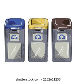 Bins de reciclaje. Vector. Aislado sobre fondo blanco. Estilo de caricatura.