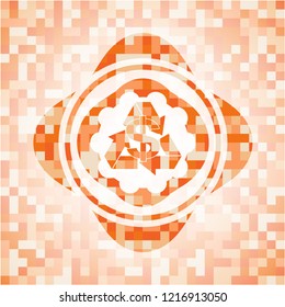 recycling business icon inside abstract orange mosaic emblem