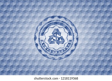 recycling business icon inside blue badge with geometric pattern.