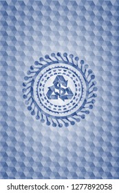 recycling business icon inside blue emblem with geometric pattern background.