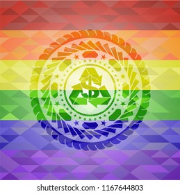 recycling business icon inside emblem on mosaic background with the colors of the LGBT flag