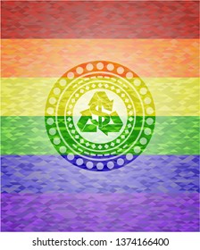 recycling business icon inside emblem on mosaic background with the colors of the LGBT flag