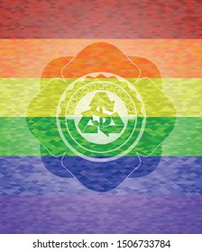 recycling business icon inside emblem on mosaic background with the colors of the LGBT flag