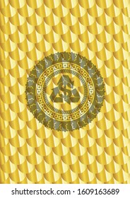recycling business icon inside gold shiny badge. Scales pattern. Vector Illustration. Detailed.