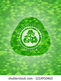 recycling business icon inside green emblem. Mosaic background