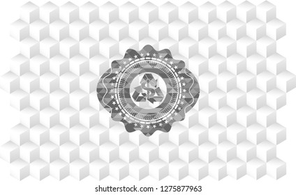 recycling business icon inside grey emblem with geometric cube white background