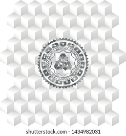 recycling business icon inside grey emblem. Vintage with geometric cube white background