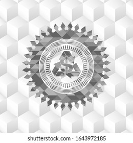 recycling business icon inside grey emblem with geometric cube white background