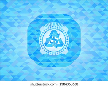 recycling business icon inside light blue emblem with triangle mosaic background