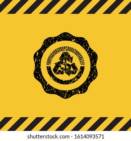 recycling business icon inside warning sign, black grunge emblem. Vector Illustration. Detailed.