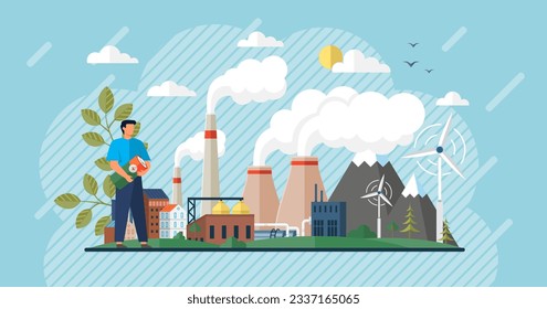 Recycling carbon dioxide concept. Renewable alternative energy. Ecological CO2 consumption for production. Nature friendly and clean fuel substitute. Green energy and wind farm, stop air emission