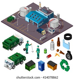 Recycling center isometric design concept with trucks garbage cleaners and elements for collecting and sorting trash vector illustration 