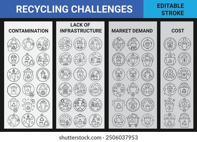 Recycling Challenges Icon: Editable line icon representing the obstacles faced in recycling efforts. Perfect for environmental campaigns, educational materials, or sustainability focused projects.