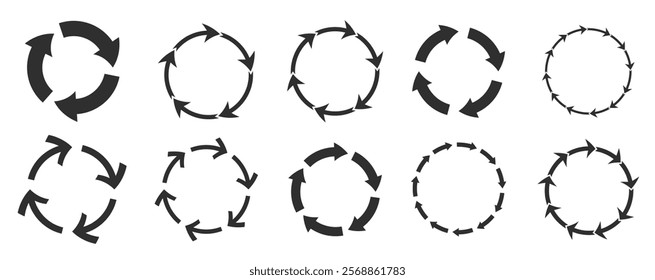 Recycling circular arrows set. Cycling circles, reload symbols, graphic monochrome round loop shapes. Vector illustrations for rotation, loading concepts