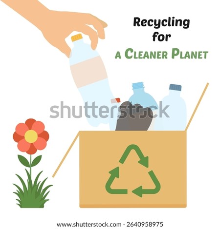 Recycling for a cleaner planet plastic pollution concept. Hand places plastic bottle into recycling cardboard box