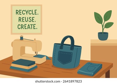 recycling cloth, using sewing machine. sews a bag from jeans. reuse. Illustration of textile recycling. Concept of reducing waste. Vector cartoon