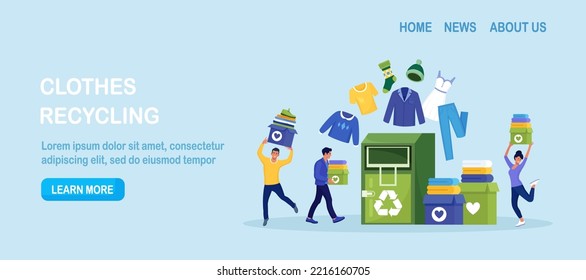 Recycling clothes. Clothing falls into container with recycling symbol. People put garment in bin to create eco-friendly textile. Sustainable eco fashion, clothes donation. Charity, humanitarian aid