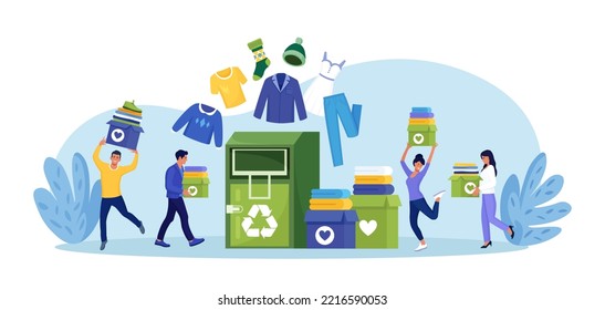 Recycling clothes. Clothing falls into container with recycling symbol. People put garment in bin to create eco-friendly textile. Sustainable eco fashion, clothes donation. Charity, humanitarian aid