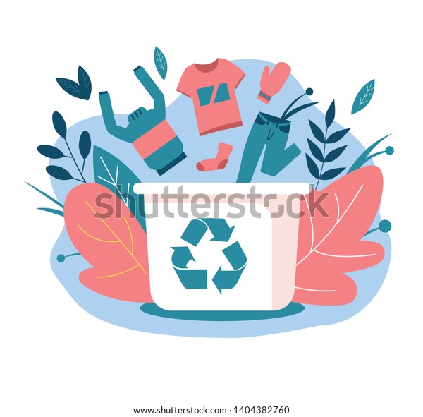 Recycling clothes. Hand over your old\
clothes for recycling. Clothing falls into a container with a\
recycling symbol. Flat vector\
illustrations