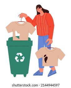 Recycling clothes and textile eco concept. Woman brings used clothes for recycle. Eco friendly reusable fabric production, flat vector illustration isolated on white background.