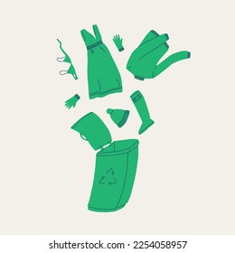 Recycling of clothes and textiles. Women's clothing will be sent to a recycling bin. Vector illustration of the concept of conscious consumption, reuse and donation.