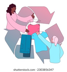 recycling clothes, two women exchange, charity, donation, color illustration, line art, vector