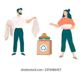Reciclando ropa. Ilustración vectorial. La metáfora del reciclaje nos recuerda la transformación continua de la moda Ecológica se centra en reducir la huella ambiental de la ropa Tela