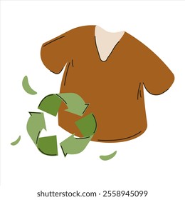 Recycling clothing concept with a brown t-shirt and eco-friendly symbols