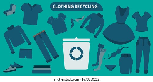 Reciclando ropa. Procesamiento secundario de ropa. Un juego de ropa para la basura. Campaña de marketing para el procesamiento de tejidos y ropa, banner, volante, blogueo.