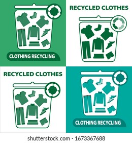 Recycling clothing. Secondary processing of clothing. A set of clothes for the trash. Marketing campaign for the processing of fabrics and clothes, banner, flyer, blogging.