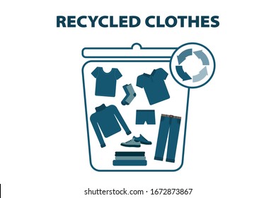 Recycling clothing and textiles. Secondary processing of clothing. Vector isolate on a white background. Marketing campaign for the processing of fabrics and clothes, banner, flyer, blogging.