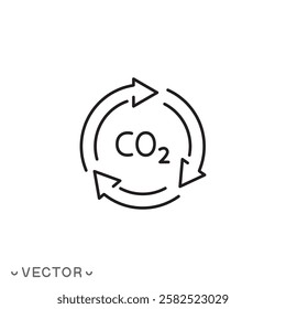 recycling co2 icon, offset or reduction emission, carbon circulation balance, thin line symbol concept isolated on white background, editable stroke eps 10 vector illustration