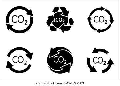 recycling co2 icon set, carbon circulation balance, offset or reduction emission, vector illustration on white background