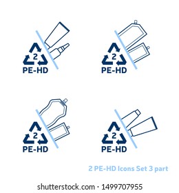 Recycling code 2 (PET - Polyethylene terephthalate) outline icons set. Empty clear plastic bottles on white background. 