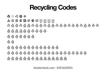 Recycling code arrow icons set for plastic, organic or glass and paper or metal electronic wastes recycling label template. Japanese recycling symbol for containers and packaging, vector illustration