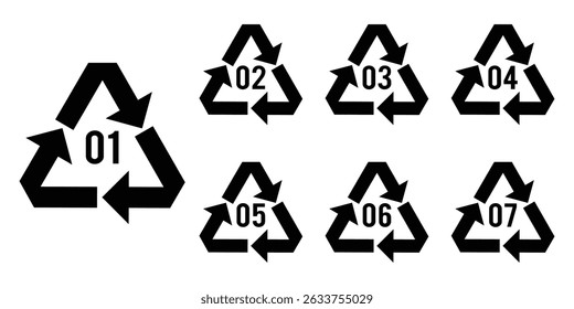 Recycling code arrow icons set for plastic organic glass paper and biomatter recycle label template. Reduce reuse recycle. Waste sorting. Vector plastic icons. Garbage waste sorting recycling icons.