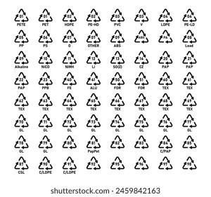 Recycling code icon set. Recycle code icon- Plastic, Battery, Paper, Metal, Organic Biomatter, Glass and Composites. Recycling codes for plastic, paper and metals as well other materials.