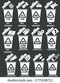 Recycling codes for Bio, organic, composites. Recycling bins illustration with wood, the cloth, cotton, bottle. Recycled trash cans with examples and numbers.