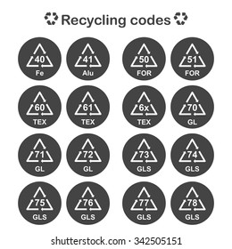Recycling codes, packing material icons set, 2d vector marking symbols, eps 8