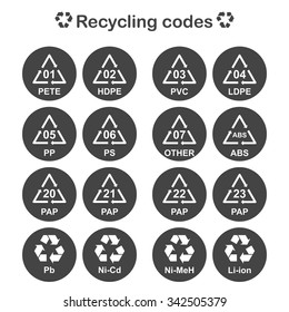 Recycling codes, packing material icons set, 2d vector marking signs, eps 8