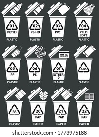 Recycling codes for plastic and paper. Recycling bins illustration with bottles, canister, plastic bag. Recycled trash cans with examples and numbers.