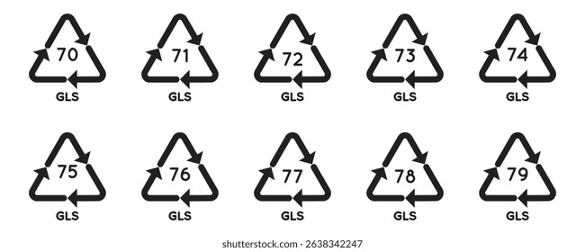 Recycling codes for plastic, paper and metals as well as other materials. Triangular sign. Line icons. Isolated vector illustration on a white background. Editable stroke.